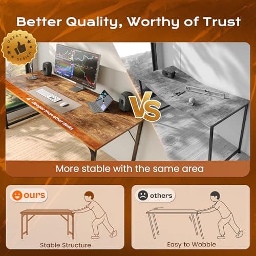 PRAISUN 47 X 24 Inch Computer Desk with Deeper Desktop, Gaming Office Writing Work Desk for Home Office, Study, Bedroom, Work from Home, Metal Frame, Rustic Brown
