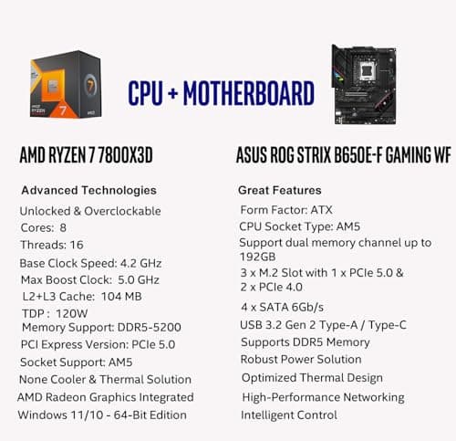 MICRO CENTER AMD Ryzen 7 7800X3D 8-Core16-Thread Desktop Processor with ASUS ROG Strix B650E-F Gaming WiFi AM5 Gaming Motherboard