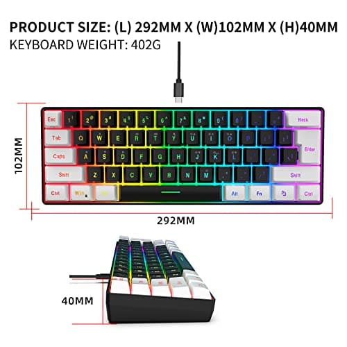Snpurdiri 60% Wired Gaming Keyboard, Small RGB Backlit Membrane Gaming Keyboard, Ultra-Compact Mini Waterproof Keyboard for PC Computer Gamer White and Black
