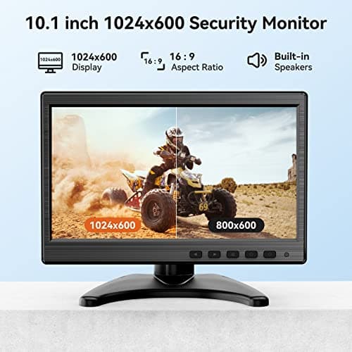 10.1 inch Monitor, 1024x600 LCD IPS Monitor 10 inch Security CCTV Display with HDMI, VGA, BNC, RCA Interfaces for Home, Office, Warehouse Surveillance
