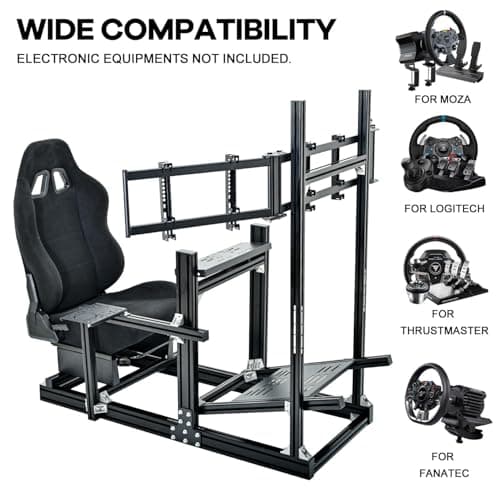 Anman Aluminum Profile Racing Simulator Cockpit with Triple Monitor Mount Black Seat,for Logitech/Thrustmaster/Fanatec Direct Drive Steering Wheel, GPRO T818,Multi Adjustable Universal cockpit