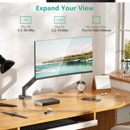 WALI Single Monitor Mount, Gas Spring Monitor Arm for 17-34 inch Screens, Adjustable Computer Monitors Stand up to 26.4lbs, with Clamp and Grommet Base, Mounting Holes 75 and 100mm (GSMP001N), Black