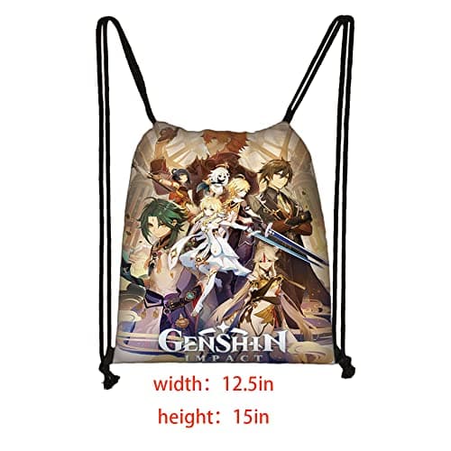Genshin Impact merch Gift Sets - 1 Genshin Impact Drawstring Bag Backpack, 50 Cartoon Stickers, 1 Lanyard, 2 Keychains,2 Bracelets, 4 Button Pins,6 Stickers for Anime Genshin Impact Fans