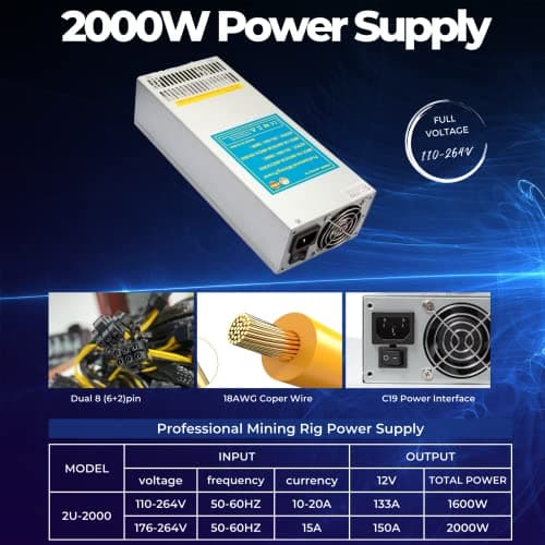 VTRETU 2000W Mining Power Supply 2U Miner PSU 110-264V for ETH Miner Machine, Support 8 GPU Mining rig, with 12000 RPM Powerful Fan (10 Connection Cables and 1 Power Cord