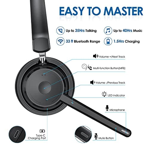 Bluetooth Headset, Wireless Headphone with AI Noise-Canceling Microphone for Computer, On Ear Bluetooth Headset with USB Dongle for Office Call Center Skype Zoom Meeting Online Class (Black)
