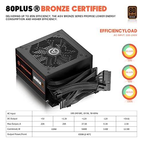AGV Series 650W Power Supply, 80 Plus Bronze Certified, Non Modular Power Supply, 5 Year Warranty