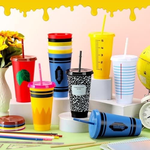 Rtteri 24 Pcs Back to School Reusable Plastic Coffee Cups in Bulk 24 oz Reusable Teacher Appreciation Cups Tumbler with Lids and Straws First Day of School Party Favors Gift for Classroom Supplies