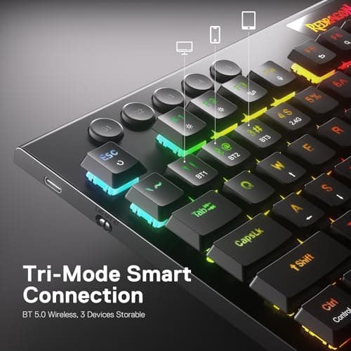 Redragon K618 PRO 3-Mode Wireless RGB Mechanical Keyboard, BT/2.4Ghz/Wired Low Profile Win/Mac Gaming Keyboard w/Ultra-Thin Design, Dedicated Media Control & Linear Red Switch