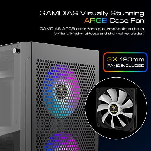 GAMDIAS Gaming ATX Mid Tower PC Computer Case with Tempered Glass, 3 Built-in 120mm ARGB Desktop Case Fans, Support Up to 360mm AIO/Radiator, 5x 120mm Fans, 300mm GPU/VGA, 150mm PSU & 160mm CPU Cooler