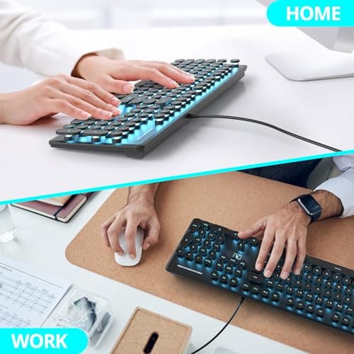 Wired Quiet Membrane Keyboard,Full Size 104-Keys Retro Punk Typewriter Blue LED Backlit ，USB Ultra Slim Gaming Keyboard with ABS Round keycaps for Windows/PC/Laptop (Black)