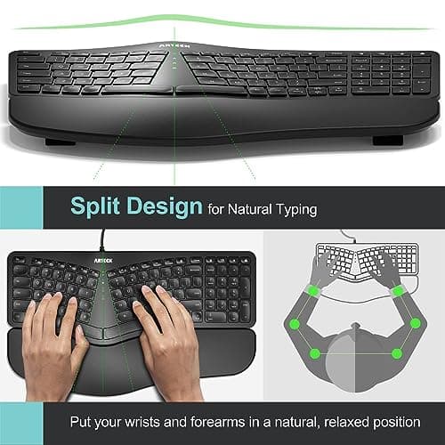 Arteck Ergonomic USB Wired Keyboard with Cushioned Wrist & Palm Rest, Backlit 7 Colors & Adjustable Brightness Comfortable Natural Split Keyboard with 6 Feet Wire for Windows Computer Desktop Laptop