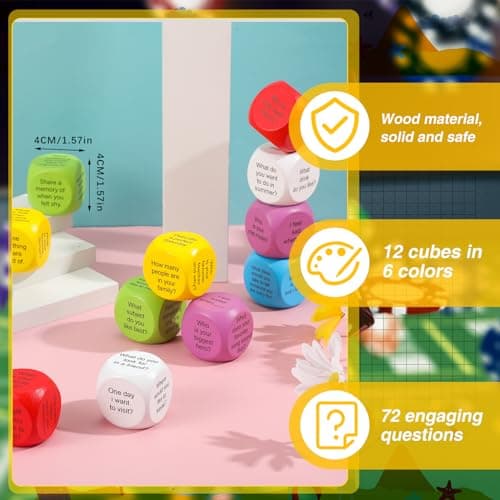 Hanaive 12 Pcs Learning Conversation Cubes Social Emotional Learning Activities Family Dice Game Speech Therapy for Kids Teacher Family Classroom (Wood)