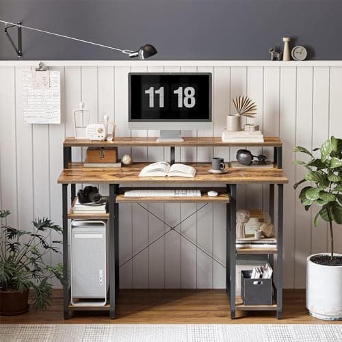 CubiCubi Computer Desk with Keyboard Tray, 47 Inch Office Desk with Monitor Stand and Storage Shelves, Music Studio Desk Workstation, Work Table for Home Office, Rustic Brown