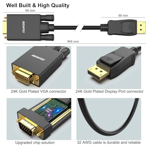BENFEI DisplayPort to VGA Cable, 1.8M Display Port of Computer/Laptop to VGA of Monitor/Projector Gold-Plated Adapter (Not Bidirectional,Not Compatible with HDMI or USB)