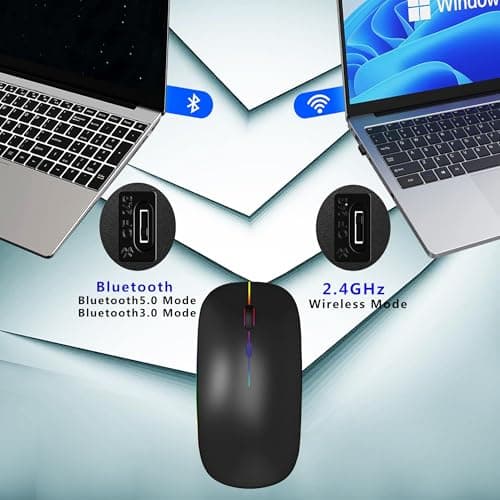 Wireless Bluetooth Mouse Rechargeable Laptop Mice with LED Lights Silent Slim Use(BT5.2 and 2.4G Portable USB) Dual Mode Computer Mouse for Laptop/iPad/Tablet/Apple/Computer/Mac (Black)