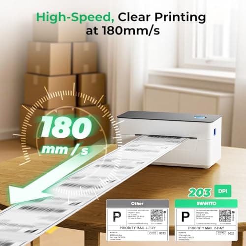 SVANTTO Bluetooth Thermal Shipping Label Printer 4x6, Compatible with Windows/Mac/Android/iOS, High-Speed 4x6 Label Printer for USPS, UPS, Ebay, Etsy, Shopify, Poshmark, Inkless Printing
