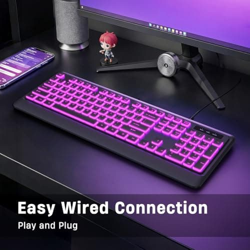 Backlit Wired Keyboard, USB Lighted Computer Keyboards with 7 Colors Backlight, Full Size Silent Keyboard with Media Hotkey for Windows Desktop, PC, Laptop (Black, M)