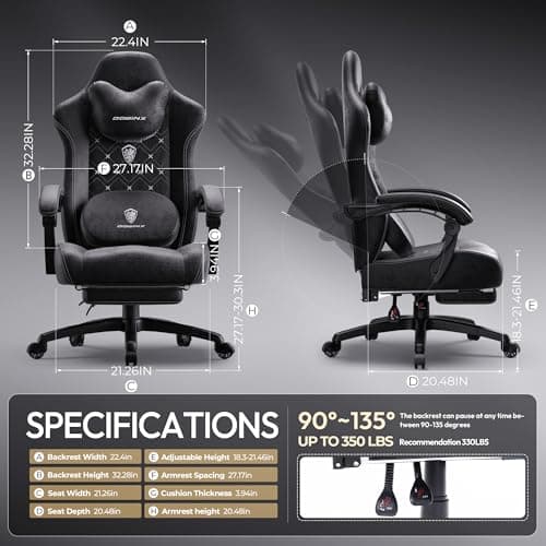 Dowinx Fabric Gaming Chair with Heated Massage Lumbar Support, Computer Game Chairs for Adults, Big and Tall Gamer Chair with Pocket Spring Cushion and Footrest, Recliner Gaming Chairs for Adult,Black