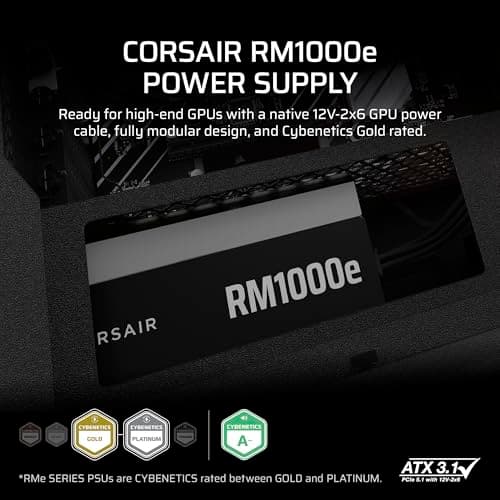 CORSAIR RM1000e (2025) Fully Modular Low-Noise ATX Power Supply with 12V-2x6 Cable – ATX 3.1 & PCIe 5.1 Compliant, Cybenetics Gold Efficiency, 105°C-Rated Capacitors, Modern Standby Mode – Black