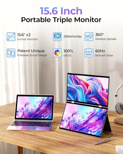 Portable Dual Monitors, 15.6” 2K Dual Screen Monitor for Laptop(Win/Linux), Built-in Protective Cover/Stand, 360°Rotation and USB-C Triple Screen Laptop Monitor Extender, Plug & Play