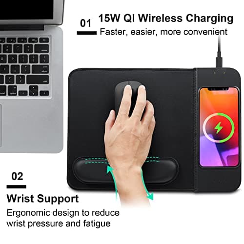 15W Wireless Charging Mouse Pad with Wrist Support, Fast Qi Wireless Charger Mouse Mat for iPhone 16/15/14/13/12/12 Pro/11/11Pro/XR/Xs/X, Samsung Galaxy S10/S9/S8 Plus Note 9/8 Multiple Devices