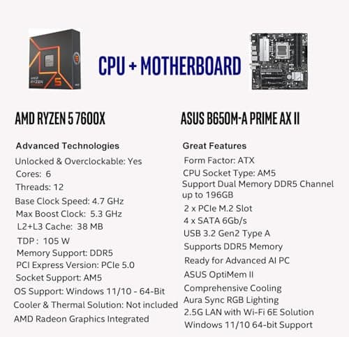 MICRO CENTER AMD Ryzen 5 7600X CPU Processor with ASUS Prime B650M-A AX II Micro ATX Motherboard