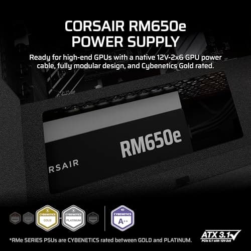 CORSAIR RM650e (2025) Fully Modular Low-Noise ATX Power Supply with 12V-2x6 Cable – ATX 3.1 & PCIe 5.1 Compliant, Cybenetics Gold Efficiency, 105°C-Rated Capacitors, Modern Standby Mode – Black