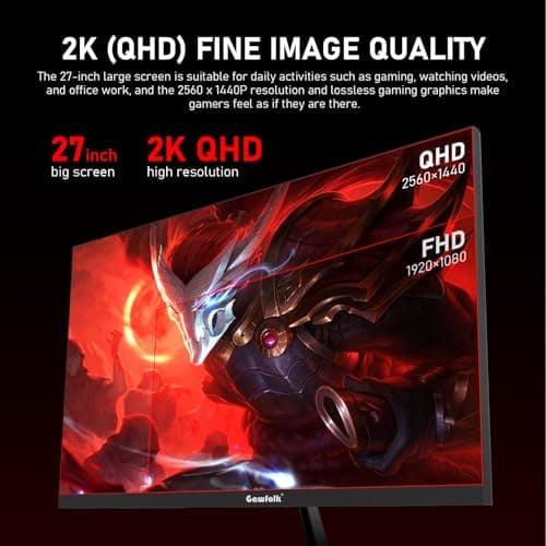 27 inch 2K QHD(2560×1440) PC Screen, 165Hz Gaming Monitor, 1ms Without Bezel, FreeSync,98% sRGB, 178° Wide Viewing Angle, HDMI2.0、DisplayPort, 75 * 75MM Wall Mount Compatible - Black