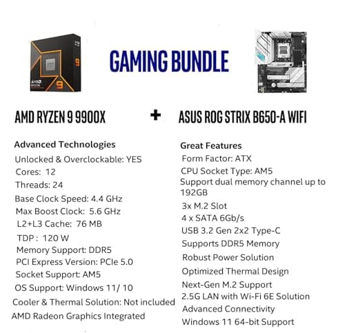 Micro Center AMD Ryzen 9 9900X AM5 CPU Processor Bundle with ASUS ROG Strix B650-A Gaming WiFi 6E AM5 Ryzen 7000 Gaming Motherboard