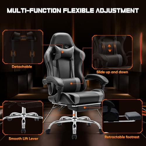 Sweetcrispy Video Game Desk Chair - Ergonomic Computer with Footrest and Comfy Lumbar Support, PU Leather Recliner with Headrest, Fixed Up Armrest, Height Adjustable with 360° Swivel, for Adults, Grey