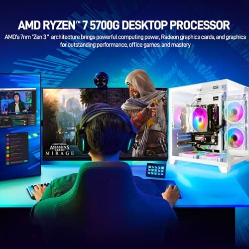 LXZ Desktop PC AMD Ryzen 7-5700G, 16G DDR4 RAM, 1TB NVME SSD, Tower Computer with Power Supply 650W for Home and Office (White)