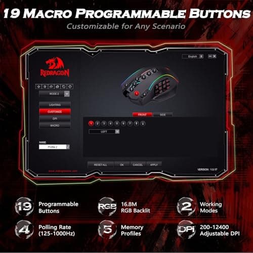 Redragon Gaming Mouse, MMO Mouse Gaming UP 12400 DPI, 19 Macro Programmable Buttons, RGB Mouse with 12 Side Buttons, 8 * 2.4g Weight Tuning for PC Laptop MOBA FPS, M901K, Black