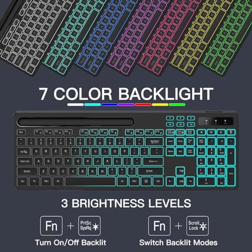 Wireless Keyboard with 7-Color RGB Backlit, Full-Size Computer Keyboard with Phone Tablet Holder, 2.4G Rechargeable Gaming Keyboard with Light Up Keys, Compatible with Mac, Windows (Black)