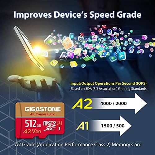[5-Yrs Free Data Recovery] GIGASTONE 512GB Micro SD Card, 4K Camera Pro, A2 V30 for Smartphone, Gopro, Action Cams, 4K UHD Video Recording , Up to 100MB/s, UHS-I U3 C10 Class 10 with Adapter