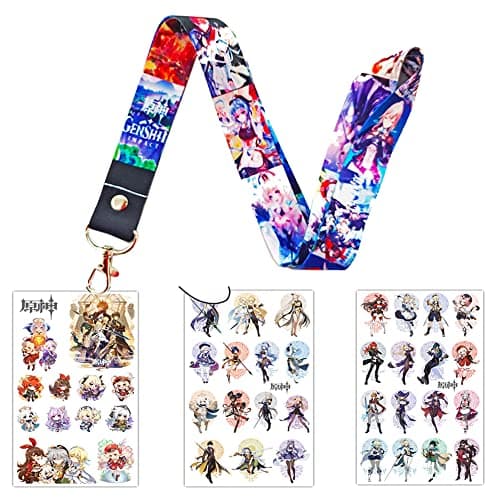 Genshin Impact merch Gift Sets - 1 Genshin Impact Drawstring Bag Backpack, 50 Cartoon Stickers, 1 Lanyard, 2 Keychains,2 Bracelets, 4 Button Pins,6 Stickers for Anime Genshin Impact Fans
