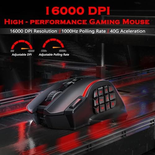 Redragon Wireless Gaming Mouse, MMO Gaming Mouse UP 16,000 DPI, 16 Macro Programmable Buttons, RGB Rechargeable with 12 Side Buttons, 70Hrs for PC Laptop MOBA FPS, M901P-KS