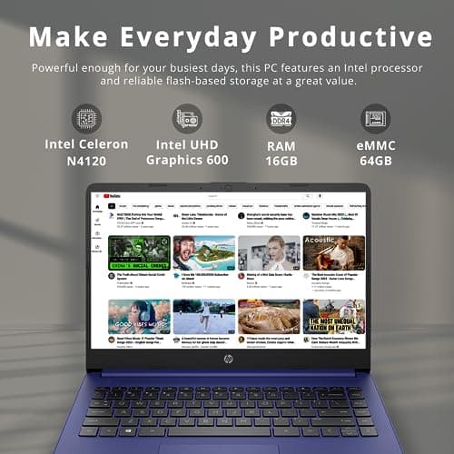 HP Premium Stream 14" HD BrightView Laptop, Intel Celeron N4120, 16GB RAM, 64GB eMMC Storage, HD Webcam, UHD Graphics, 1 Year Office 365, Bluetooth, WiFi, HDMI, Win 11s, Blue, 32GB Hotface USB Card