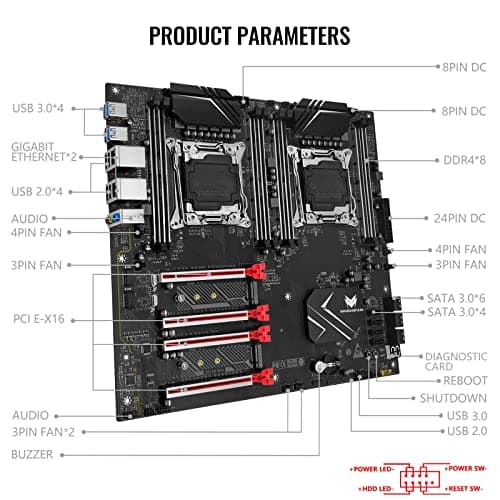 X99 Dual CPU Motherboard LGA 2011-3 Server Motherboard for Intel i7 5th/6th Gen Xeon E5 V3/V4 Series (E-ATX, 8*DDR4 ECC Max 256G, 2*NVME M.2, 2*Gb LAN, SATA 3.0, PCIe 3.0)