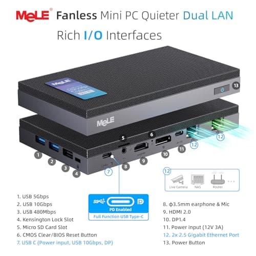 MeLE QuieterDL Mini PC, Dual LAN 2.5G, N100 Fanless Mini Computers, 16GB 4266MHz LPDDR4x, 512GB SSD, Full-Function USB-C,4K Triple Display Desktop PC on Office, Education, Industrial,Astrophotography