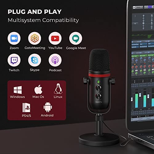 USB Microphone, Computer Condenser Gaming Mic for PC/Laptop/PS4/5, Headphone Output, Volume Control, USB Type C Plug and Play, LED Mute Button, for Streaming, Podcast, Studio Recording