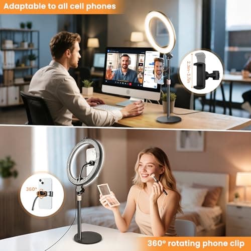 MACTREM 10“ Desk Ring Light with Stand, Desktop LED Circle Halo Light with Phone Holder for Computer Zoom Meeting, Laptop Light for Conference Video Calls, Live Streaming, Podcast, Selfie, Makeup