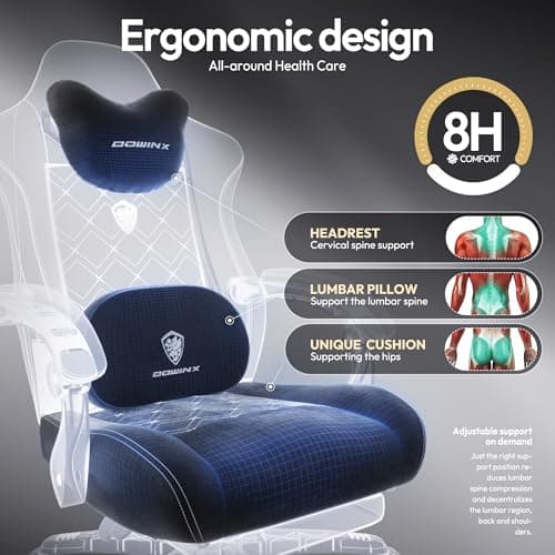 Dowinx Fabric Gaming Chair with Heated Massage Lumbar Support, Computer Game Chairs for Adults, Big and Tall Gamer Chair with Pocket Spring Cushion and Footrest, Recliner Gaming Chairs for Adult,Black