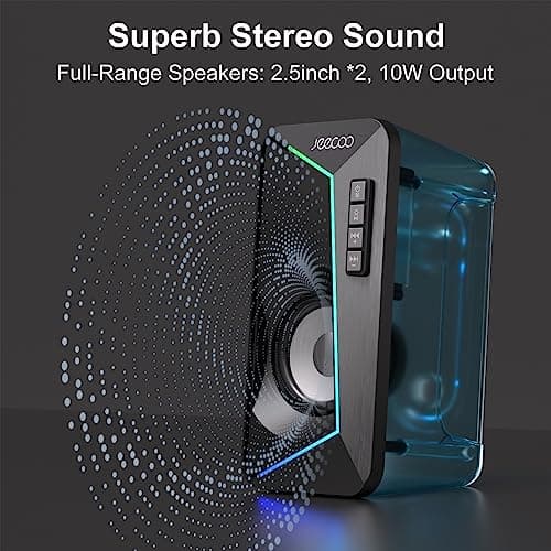 Jeecoo M30 Bluetooth Computer Speakers, PC Gaming Speakers for Desktop with Crisp Stereo Sound, Dynamic LED Modes, Easy-Access Control, 10W - USB-Powered