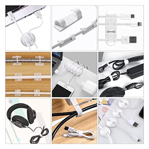 White Cable Management Organizer Kit, 2 Wire Sleeve Protector, 41 Self Adhesive Cable Clips Holder, 10pcs+2 Roll Reusable Cable Ties and 100 Cable Zip Ties for TV Computer Cord Tidy Under Desk