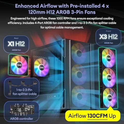 Micro ATX Case, 4 × 120mm ARGB Non-PWM Case Fans Pre-Installed, MATX PC Case, Temper Glass Side Panel, with Type-C, Black, Cypress 3 ARGB