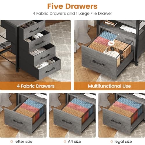 SEDETA 75'' Computer Desk with 5 Drawer, Power Outlet & Led Lights, Home Office Desk with File Drawer, Storage Shelves, Printer Cabinet and Monitor Shelf, 23.6" W Large Desktop Gaming Desk, Grey