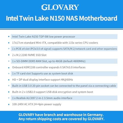 NAS Mainboard N150 Mini ITX, 2 x i226V 2.5GbE LAN NAS Motherboard, Barebone, 1 xDDR5, 2 xM.2 NVMe SSD Slot, 6 xSATA3.0, 1 xPCIe3.0 x4 Slot, TF Card Slot, SPK/MIC