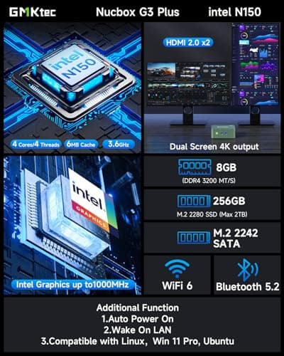 GMKtec Mini PC N150, G3 Plus Intel Twin Lake N150 (3.4GHz), 8GB DDR4 RAM 256GB PCIe M.2 SSD, Desktop Computer 4K Dual HDMI/USB3.2/WiFi 6/BT5.2/2.5G RJ45