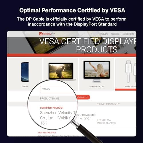 IVANKY 16K VESA Certified Displayport Cable 2.1, DP Cord [16K@60Hz,8K@120Hz,4K@240Hz], 80Gbps Display Port 2.1/2.0 Cable Support HDR10,HDCP,DSC 1.2a, Compatible Gaming Monitor, TV, Graphics(6.6ft)