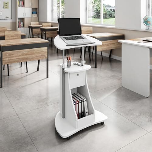 Techni Mobili Adjustable Height Rolling Laptop Cart with Storage, Sit to Stand Desk with Wheels, Podium Stand or Medical Cart, White